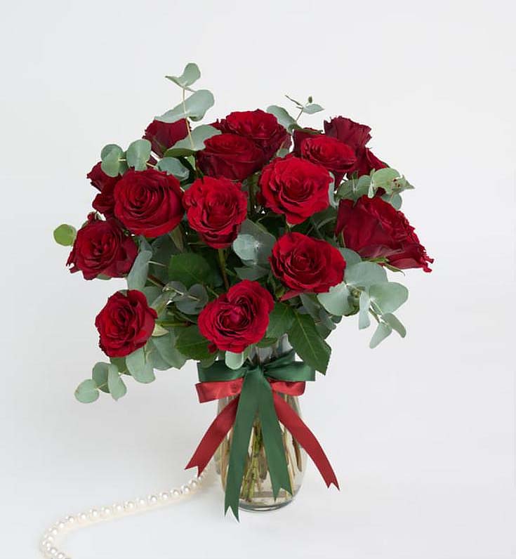 Kristal Silindir Cam Vazoda 25 Kırmızı Gül