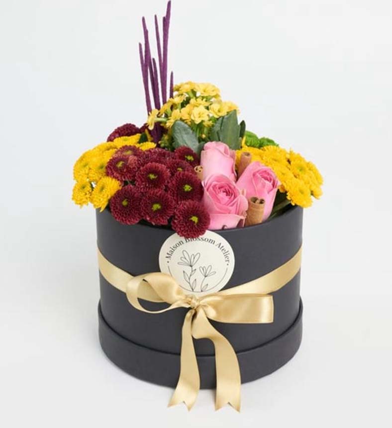 Siyah Kutuda Pembe Güller ve Sarı Kalanchoeler